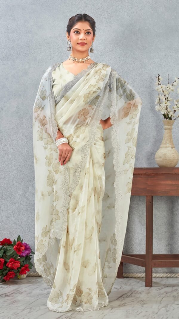 Unique White Satin Traditional Saree – 61333-8515