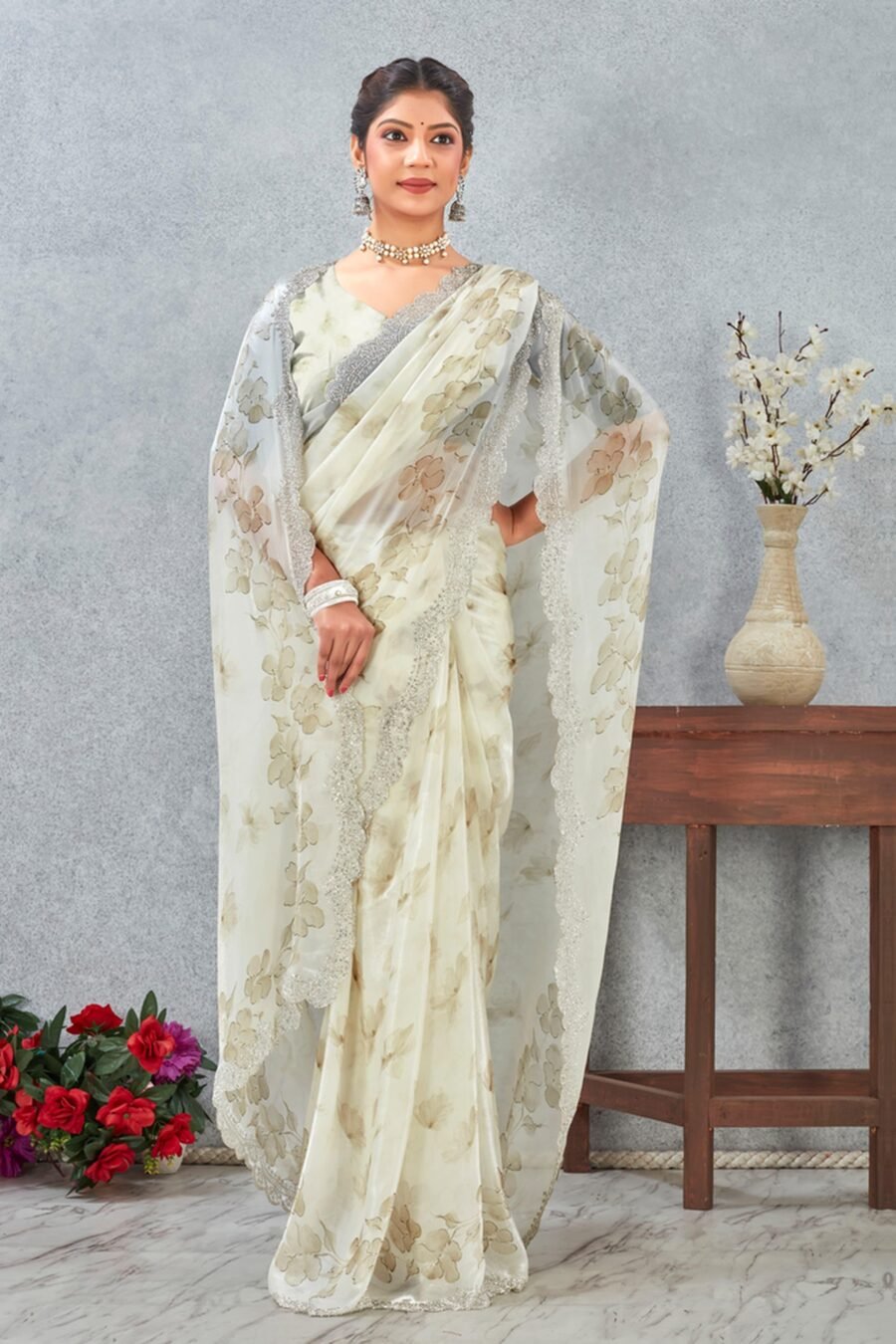 Unique White Satin Traditional Saree – 61333-8515