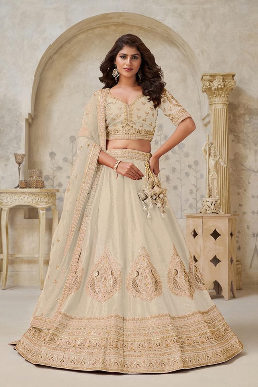 Chic Cream Silk Classic Lehenga Choli – 61376-2144Cream