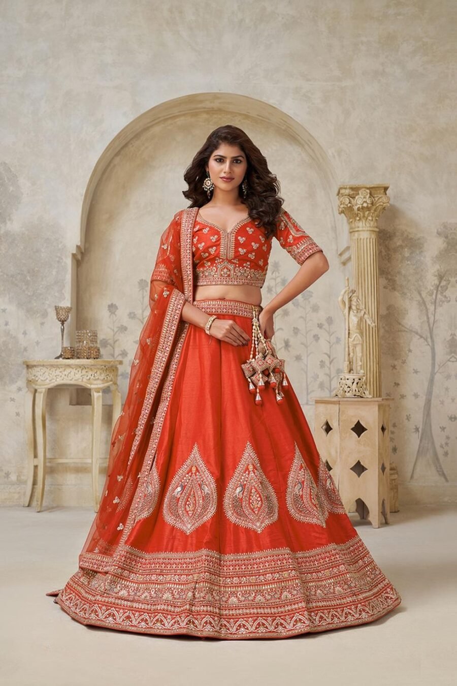 Striking Brown Silk Classic Lehenga Choli – 61376-2144Rust