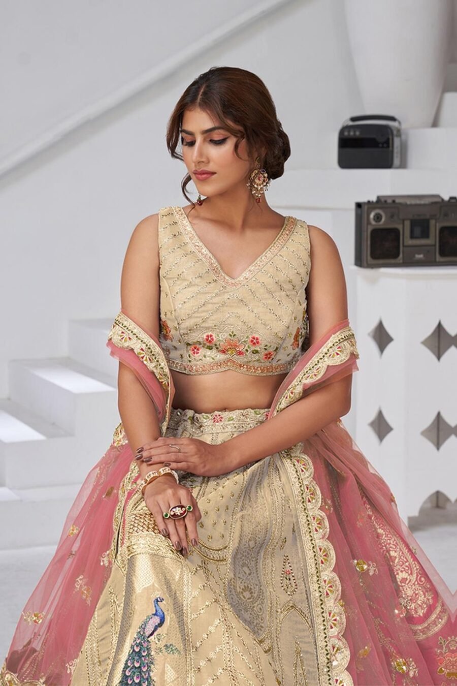 Ravishing Cream Banarsi Silk Classic Lehenga Choli – 61376-2150Cream