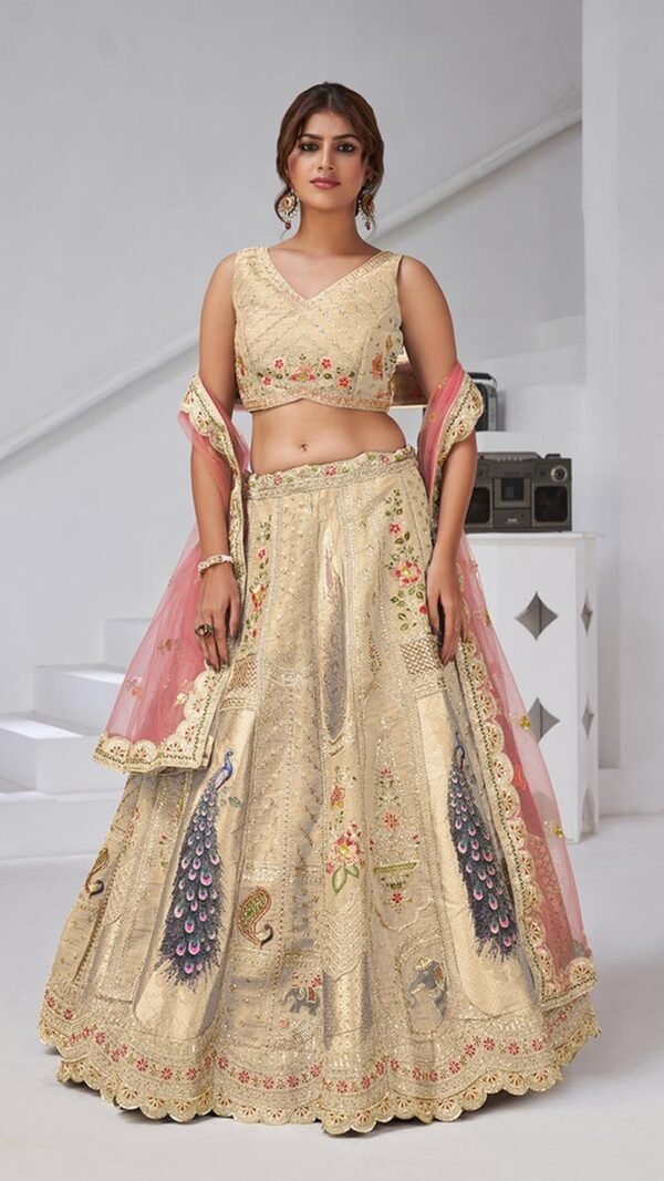Ravishing Cream Banarsi Silk Classic Lehenga Choli – 61376-2150Cream