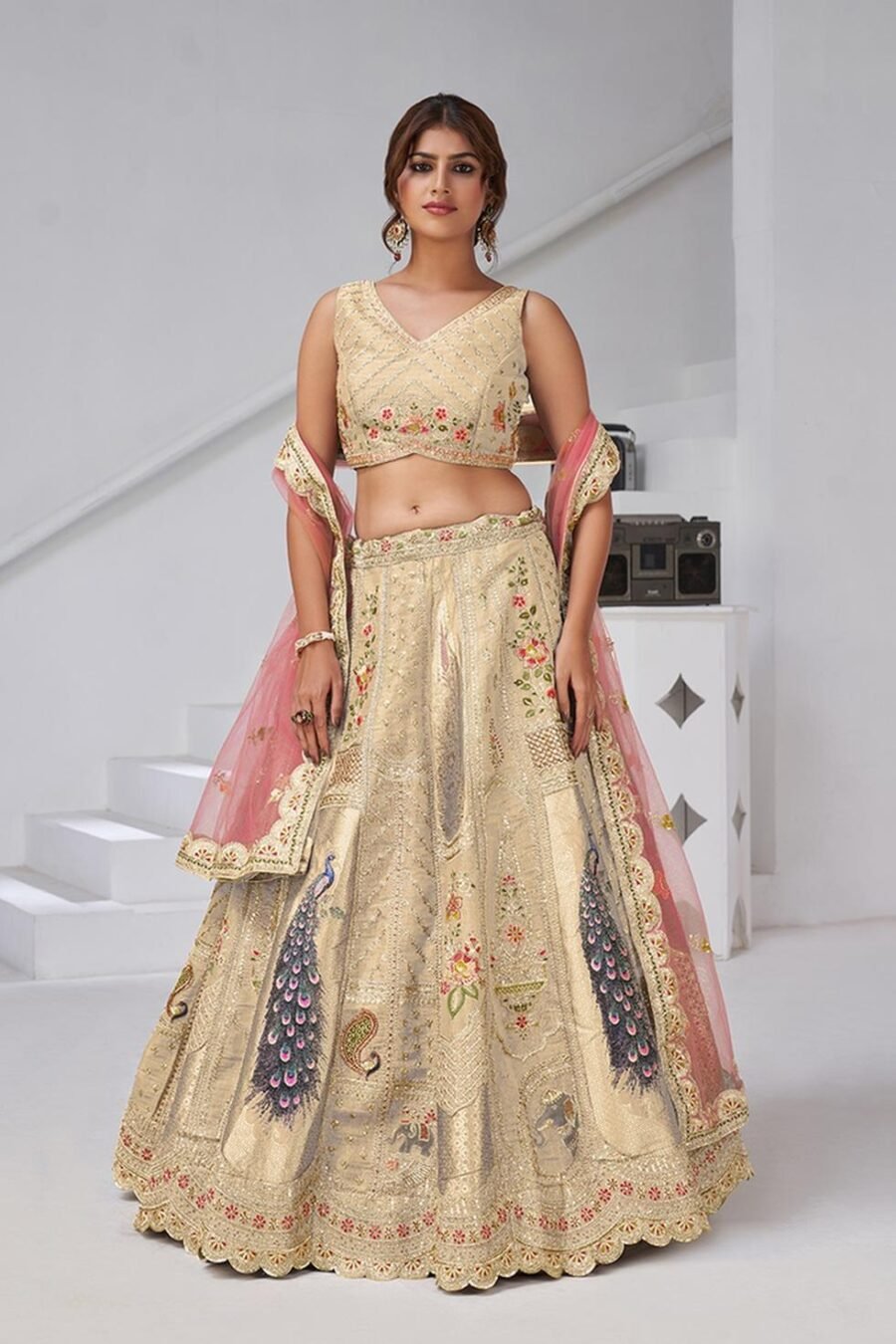 Ravishing Cream Banarsi Silk Classic Lehenga Choli – 61376-2150Cream