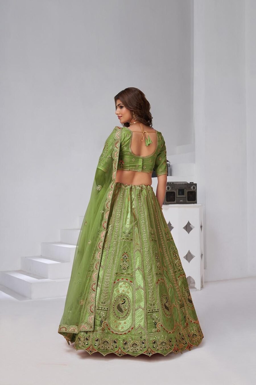 Dynamic Green Banarsi Silk Classic Lehenga Choli – 61376-2151Mehendi