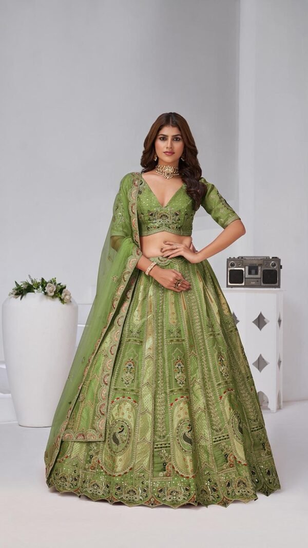 Dynamic Green Banarsi Silk Classic Lehenga Choli – 61376-2151Mehendi