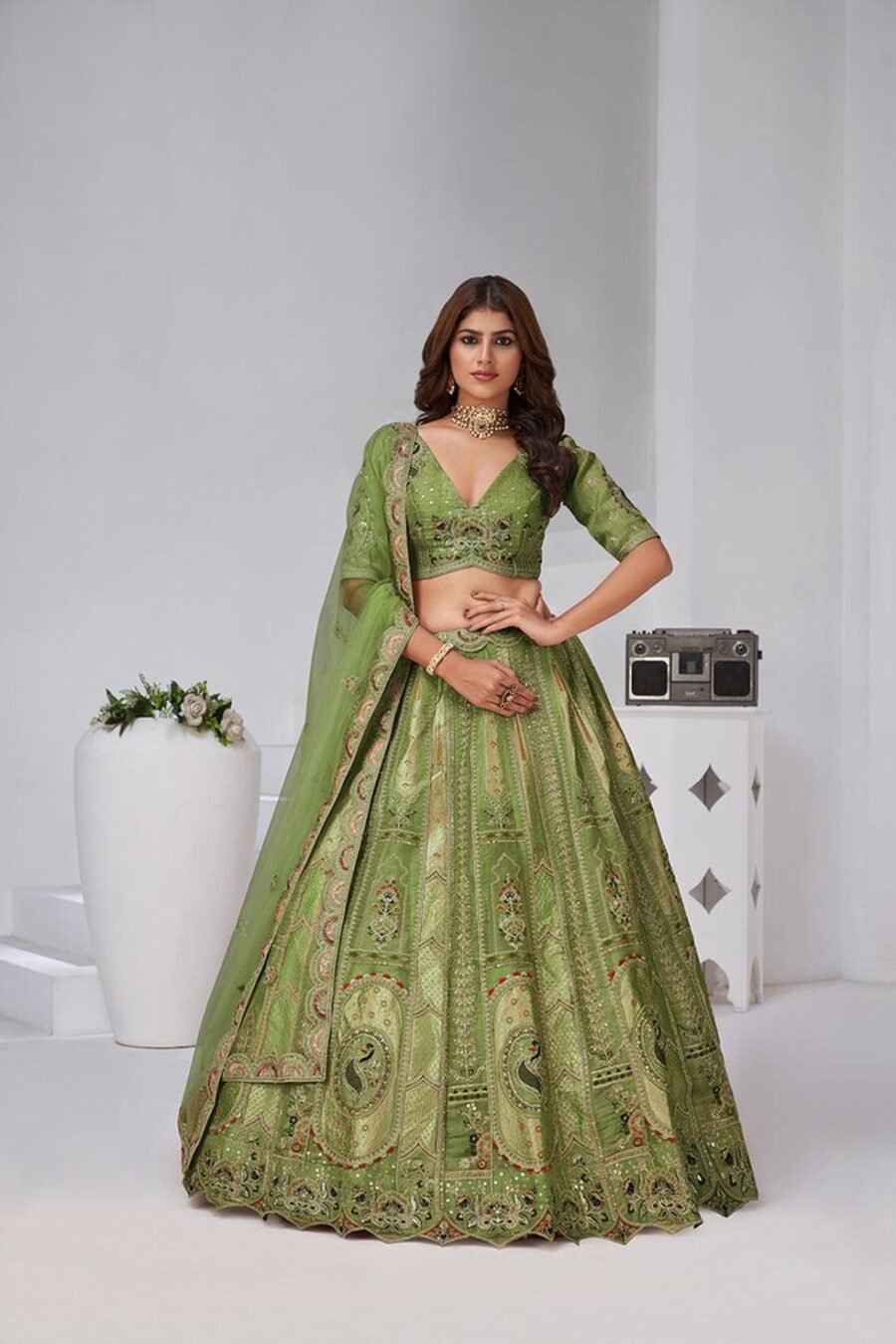 Dynamic Green Banarsi Silk Classic Lehenga Choli – 61376-2151Mehendi