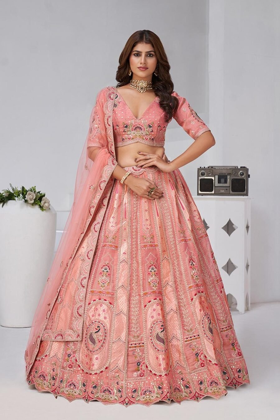 Modern Pink Banarsi Silk Classic Lehenga Choli – 61376-2151Pink