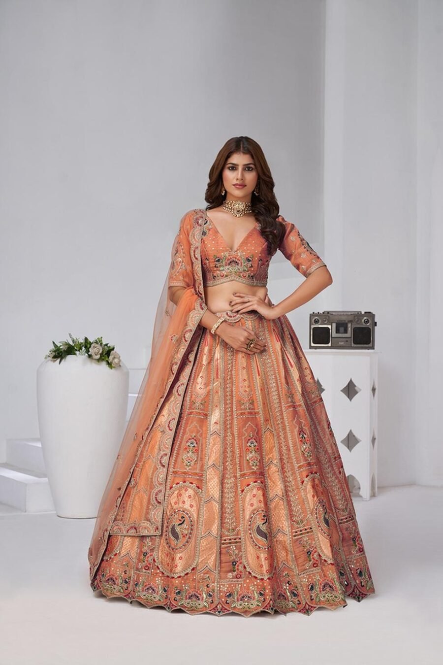 Trendy Brown Banarsi Silk Classic Lehenga Choli – 61376-2151Rust