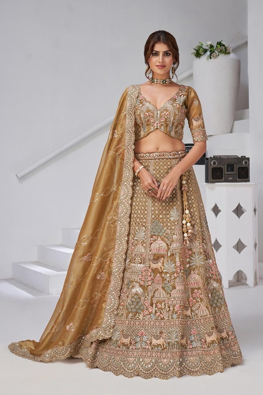 Fabulous Green Organza Tissue Classic Lehenga Choli – 61376-2156Mehendi