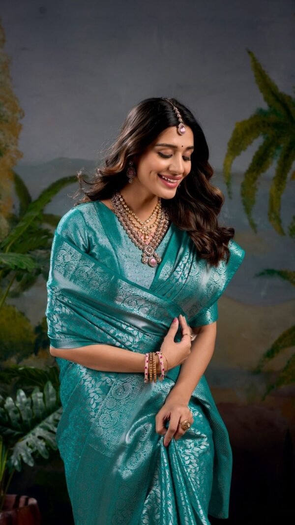 Fierce Teal Blue Kanjivaram Silk Weaving Saree – 61398-7404-FRZ