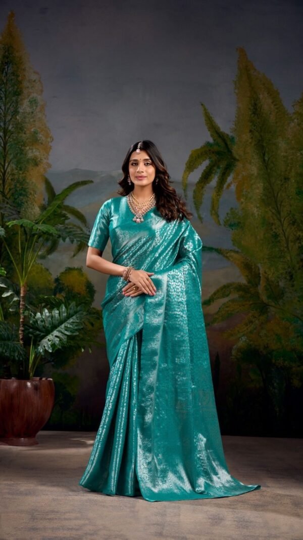 Fierce Teal Blue Kanjivaram Silk Weaving Saree – 61398-7404-FRZ