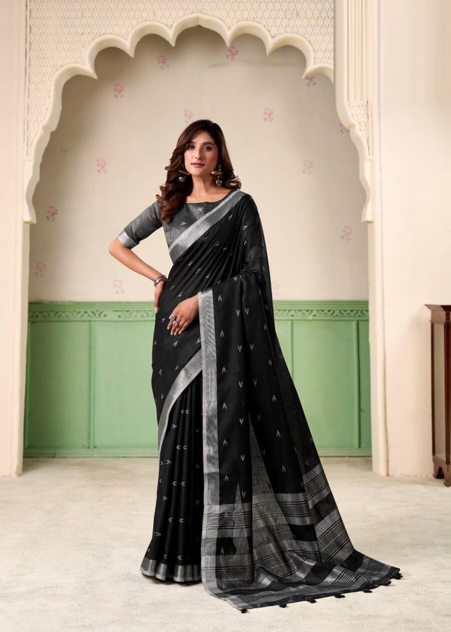Alluring Black Linen Silk Weaving Saree – 61400-555