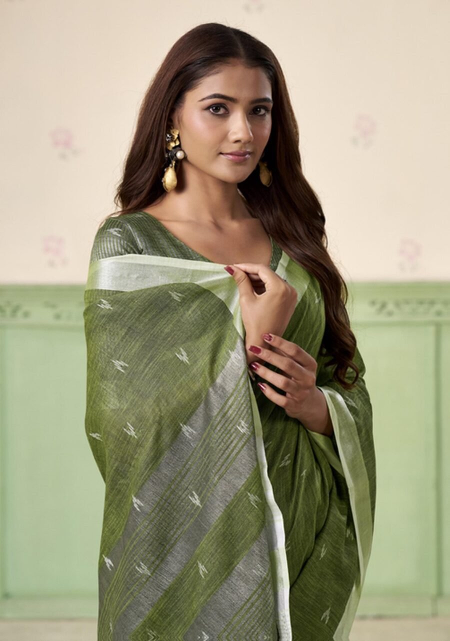 Stunning Green Linen Silk Weaving Saree – 61400-559
