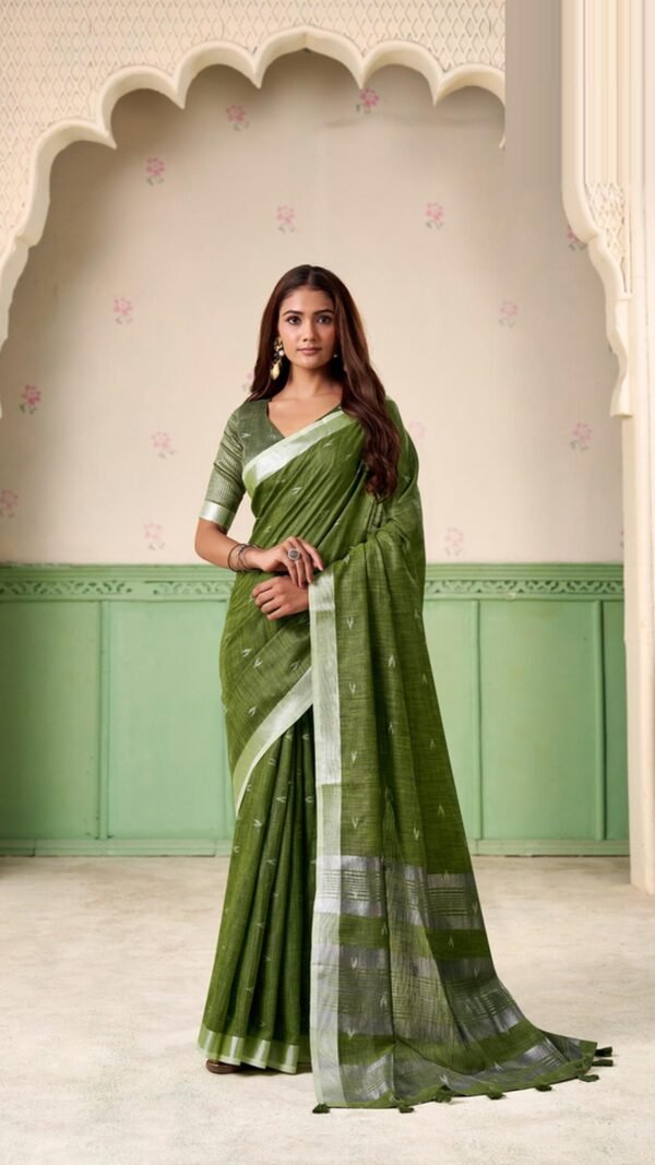 Stunning Green Linen Silk Weaving Saree – 61400-559