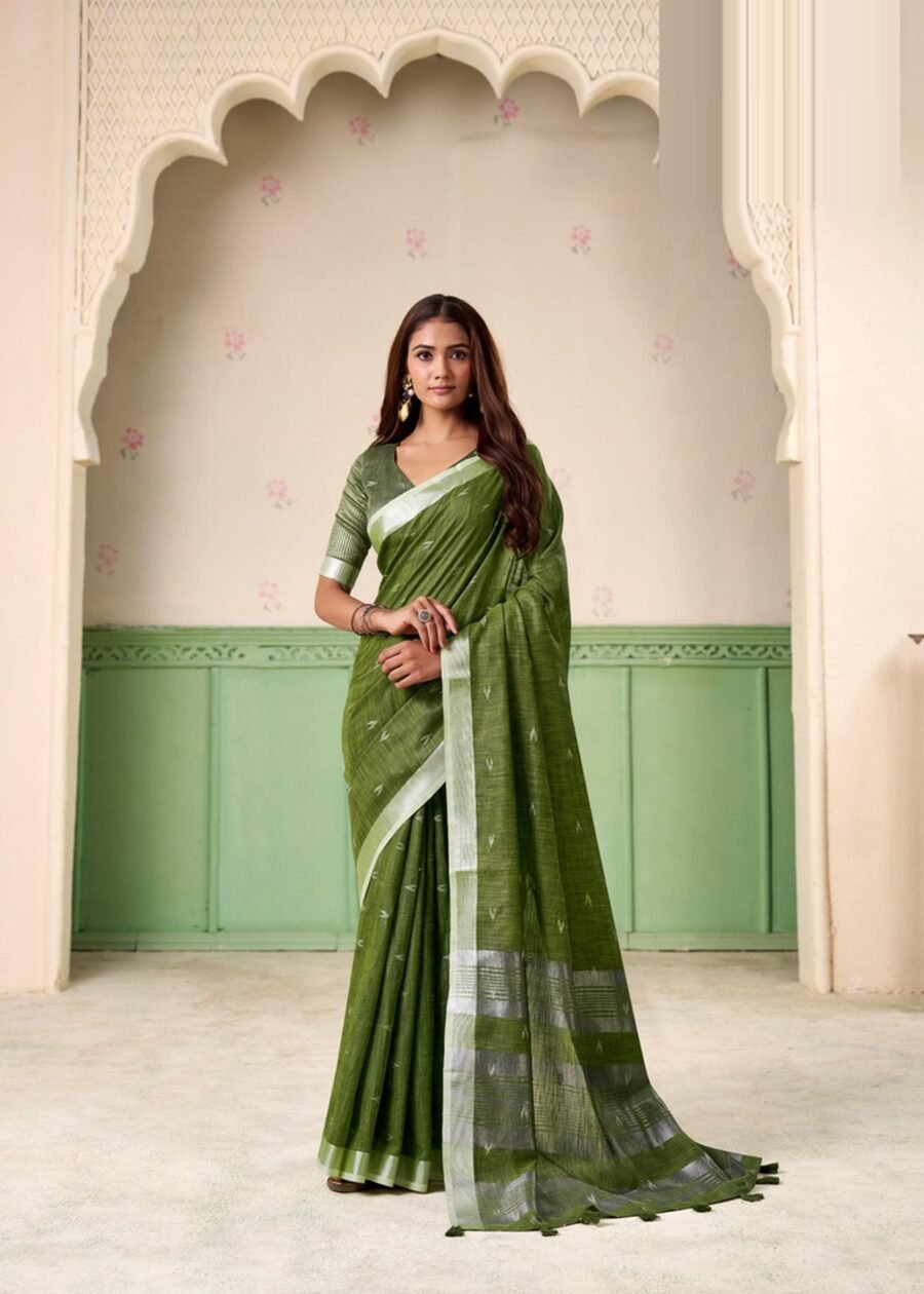Stunning Green Linen Silk Weaving Saree – 61400-559