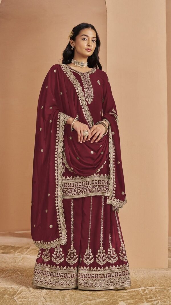 Timeless Wine Faux Georgette Palazzo Salwar Kameez – 56242-211-D