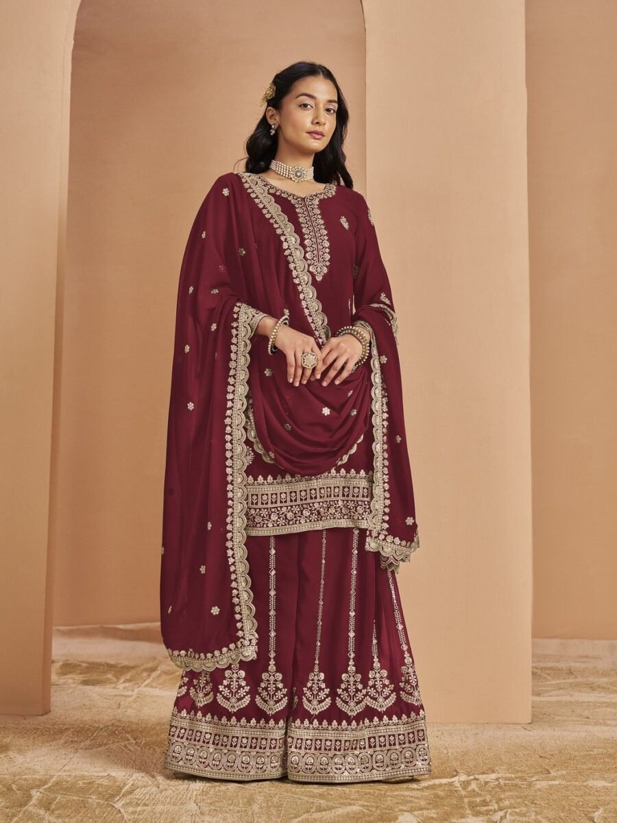 Timeless Wine Faux Georgette Palazzo Salwar Kameez – 56242-211-D