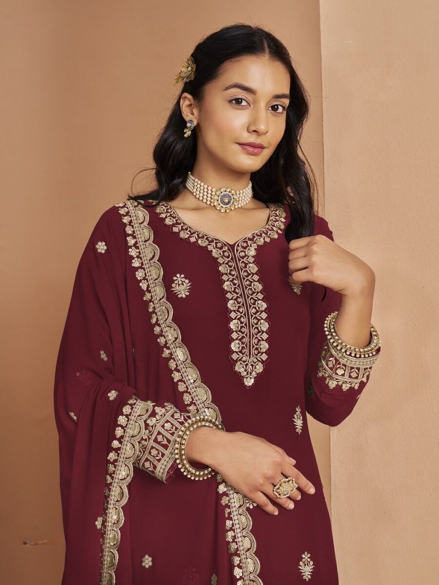 Timeless Wine Faux Georgette Palazzo Salwar Kameez – 56242-211-D