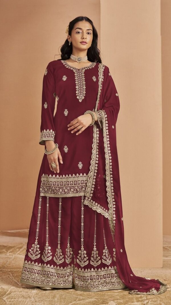Timeless Wine Faux Georgette Palazzo Salwar Kameez – 56242-211-D
