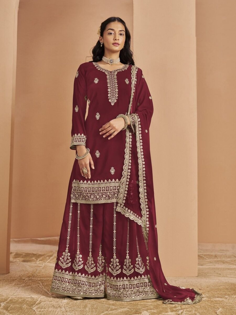 Timeless Wine Faux Georgette Palazzo Salwar Kameez – 56242-211-D