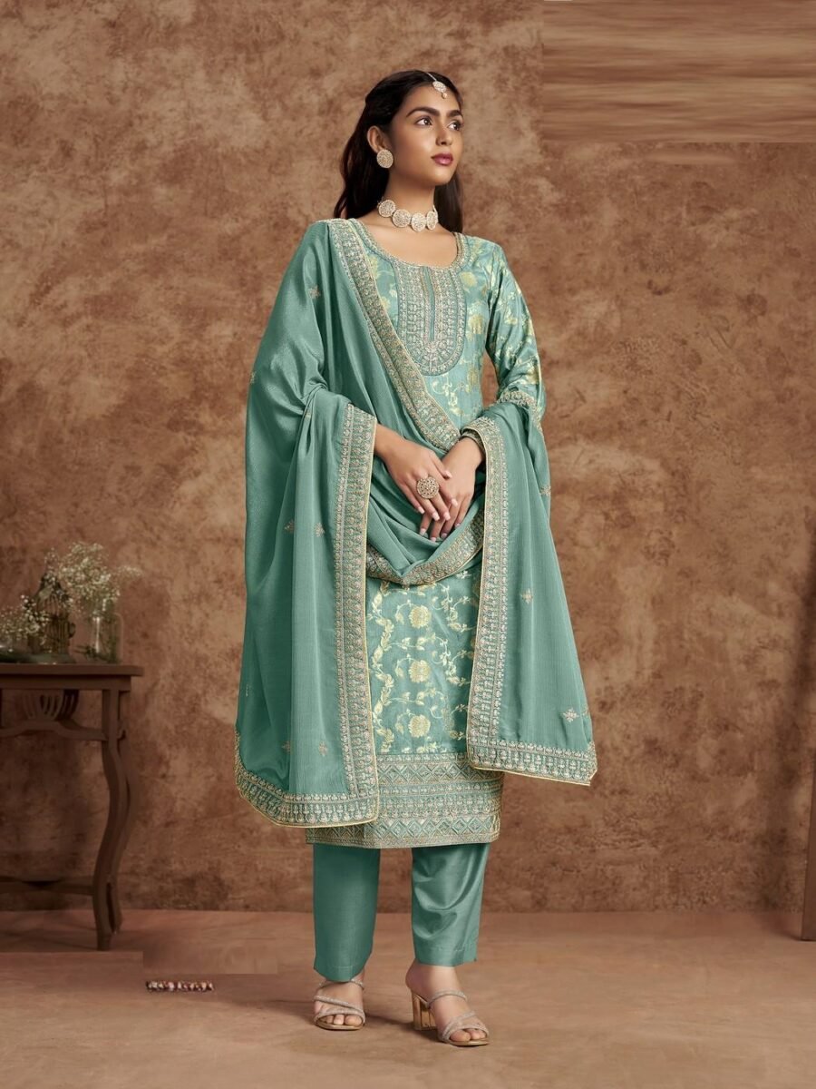 Bold Blue Dola Silk Straight Salwar Kameez – 56292-212-C