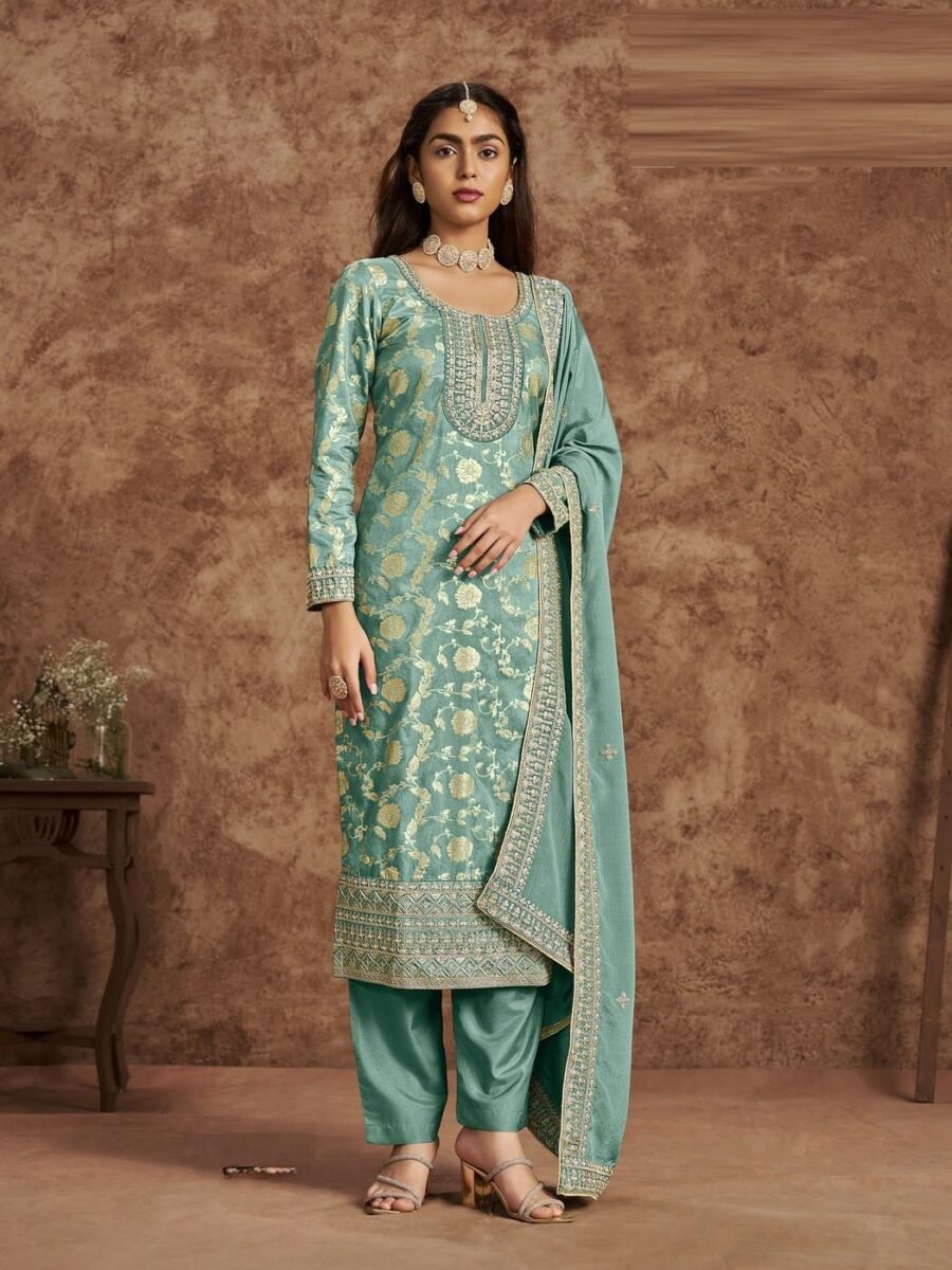 Bold Blue Dola Silk Straight Salwar Kameez – 56292-212-C