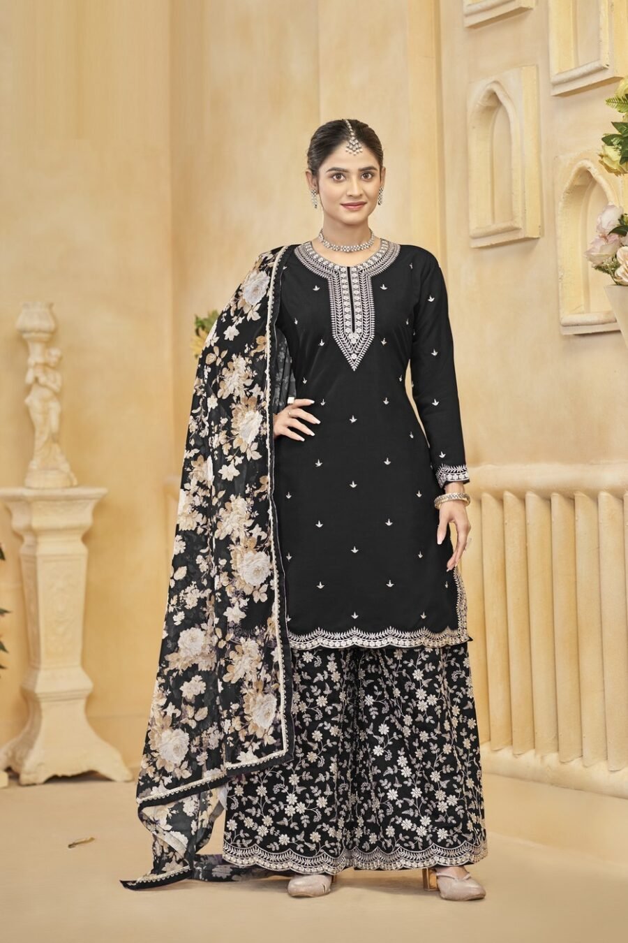 Radiant Black Silk Palazzo Salwar Kameez – 57268-218-A