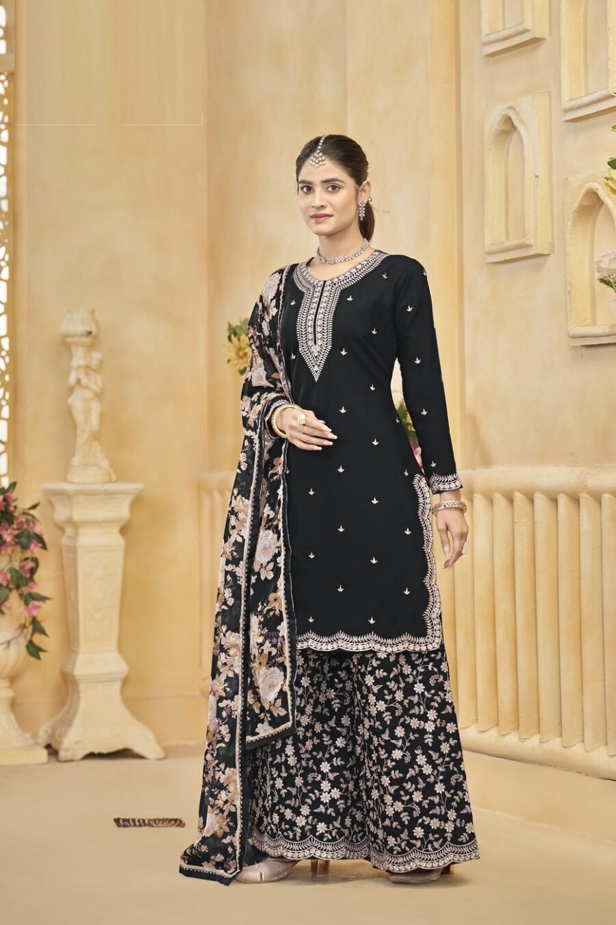 Radiant Black Silk Palazzo Salwar Kameez – 57268-218-A