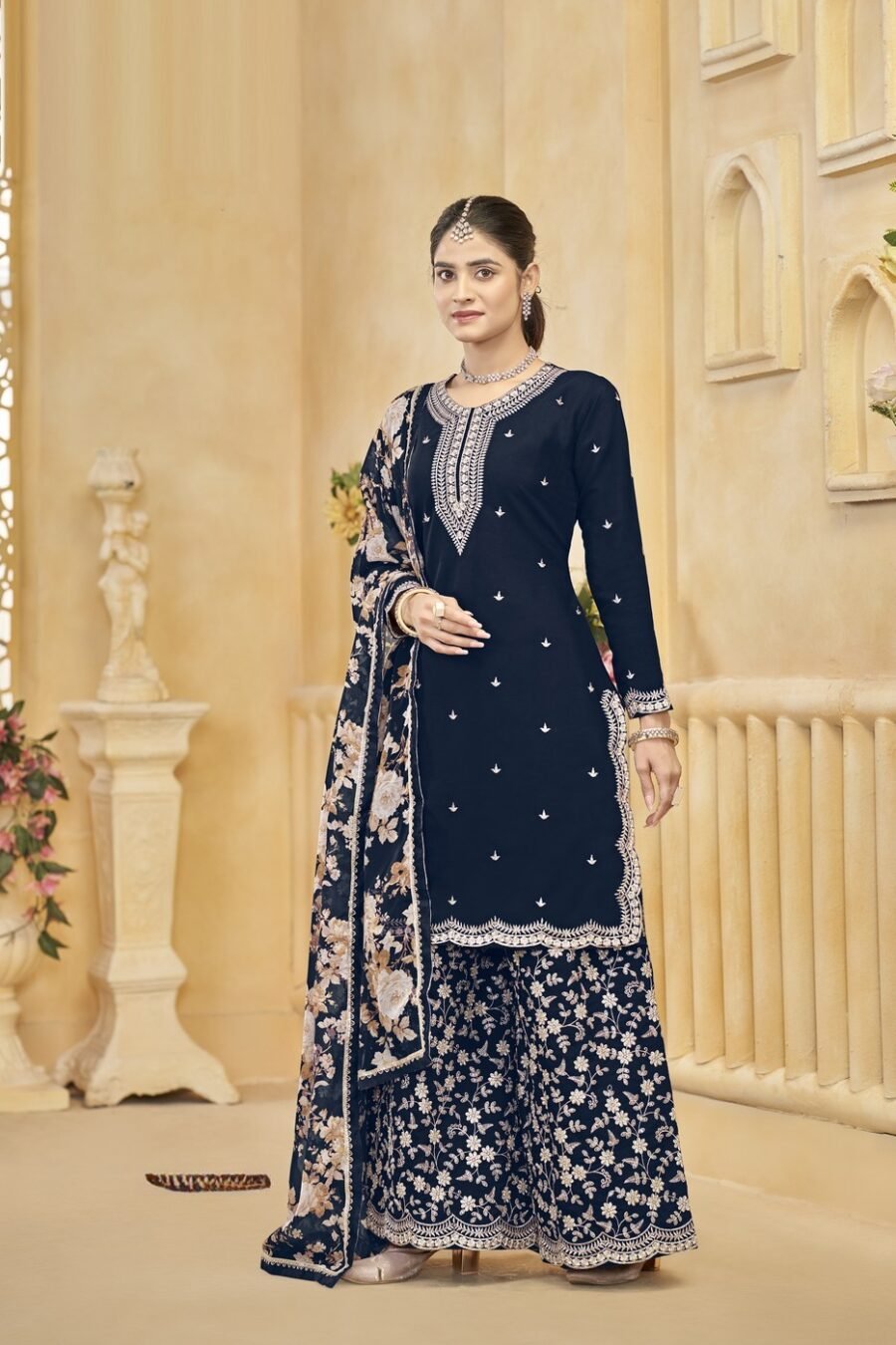 Fierce Navy Blue Silk Palazzo Salwar Kameez – 57268-218-C Fierce Navy Blue Silk Palazzo Salwar Kameez – 57268-218-C