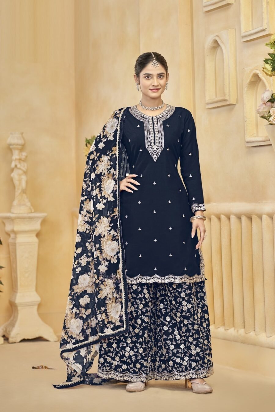 Fierce Navy Blue Silk Palazzo Salwar Kameez – 57268-218-C Fierce Navy Blue Silk Palazzo Salwar Kameez – 57268-218-C
