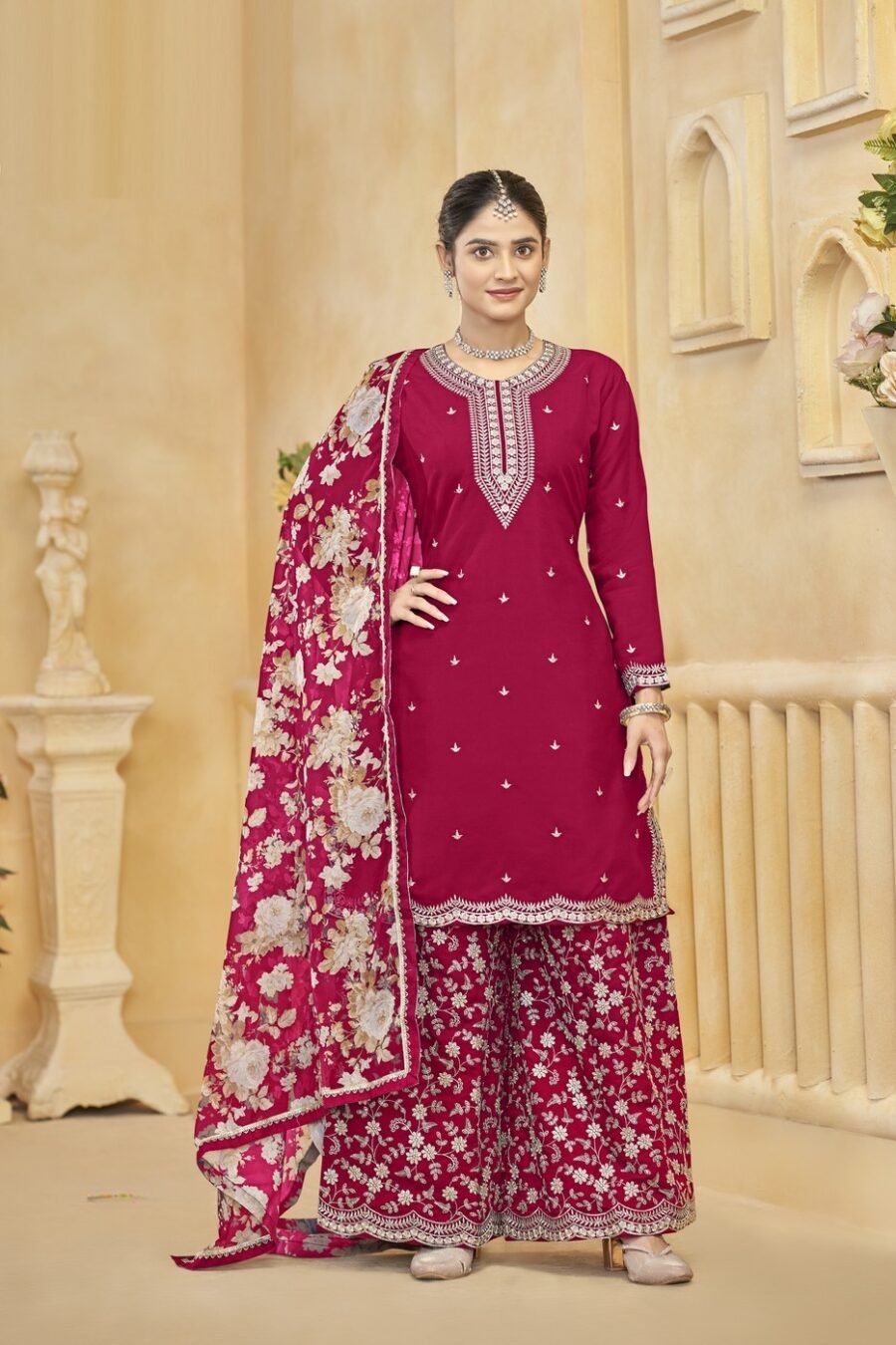 Enchanting Pink Silk Palazzo Salwar Kameez – 57268-218-D