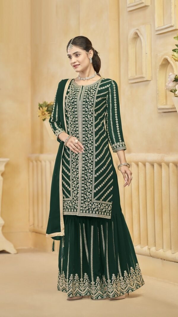 Unique Green Georgette Gharara Salwar Kameez – 57274-219-A