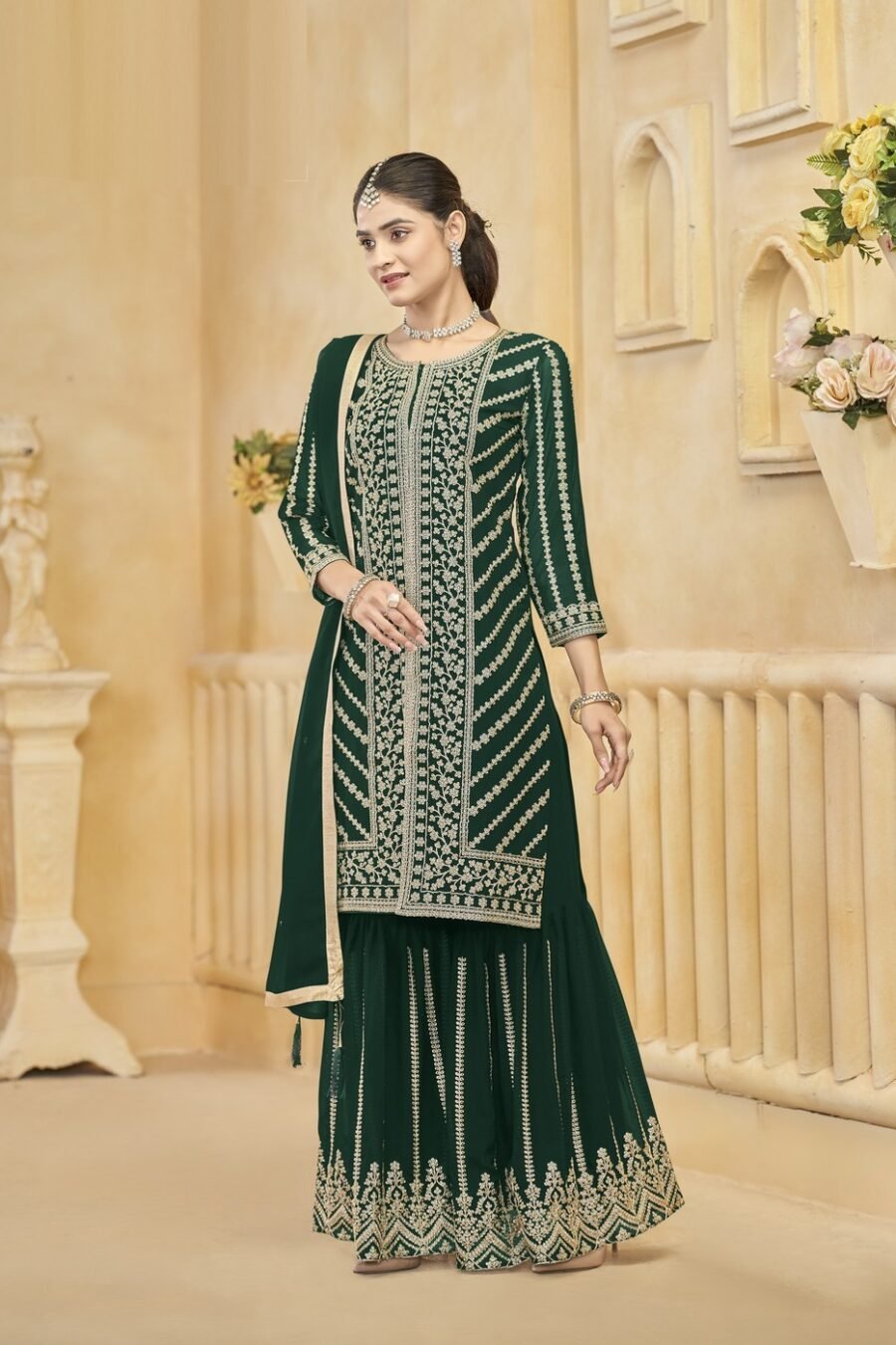 Unique Green Georgette Gharara Salwar Kameez – 57274-219-A Unique Green Georgette Gharara Salwar Kameez – 57274-219-A