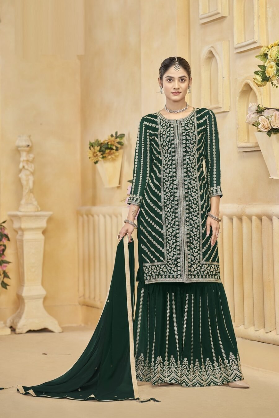Unique Green Georgette Gharara Salwar Kameez – 57274-219-A Unique Green Georgette Gharara Salwar Kameez – 57274-219-A
