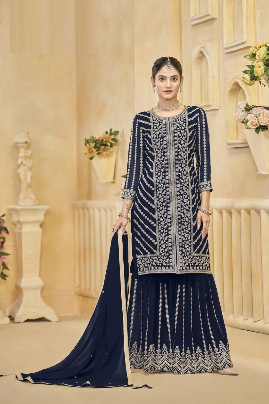 Vibrant Navy Blue Georgette Gharara Salwar Kameez – 57274-219-C