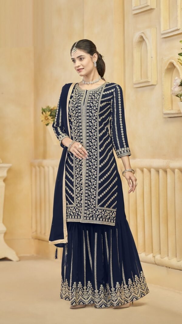 Vibrant Navy Blue Georgette Gharara Salwar Kameez – 57274-219-C