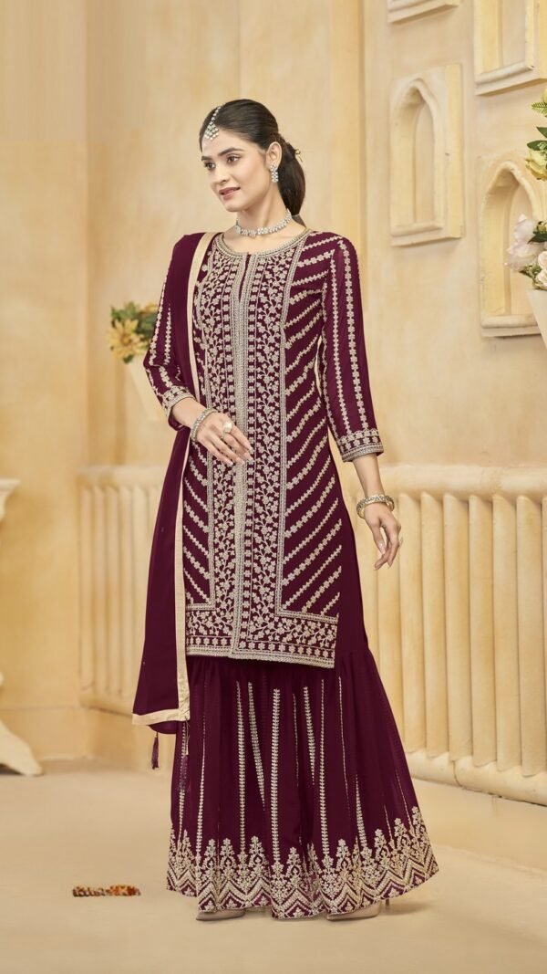 Delightful Wine Georgette Gharara Salwar Kameez – 57274-219-D