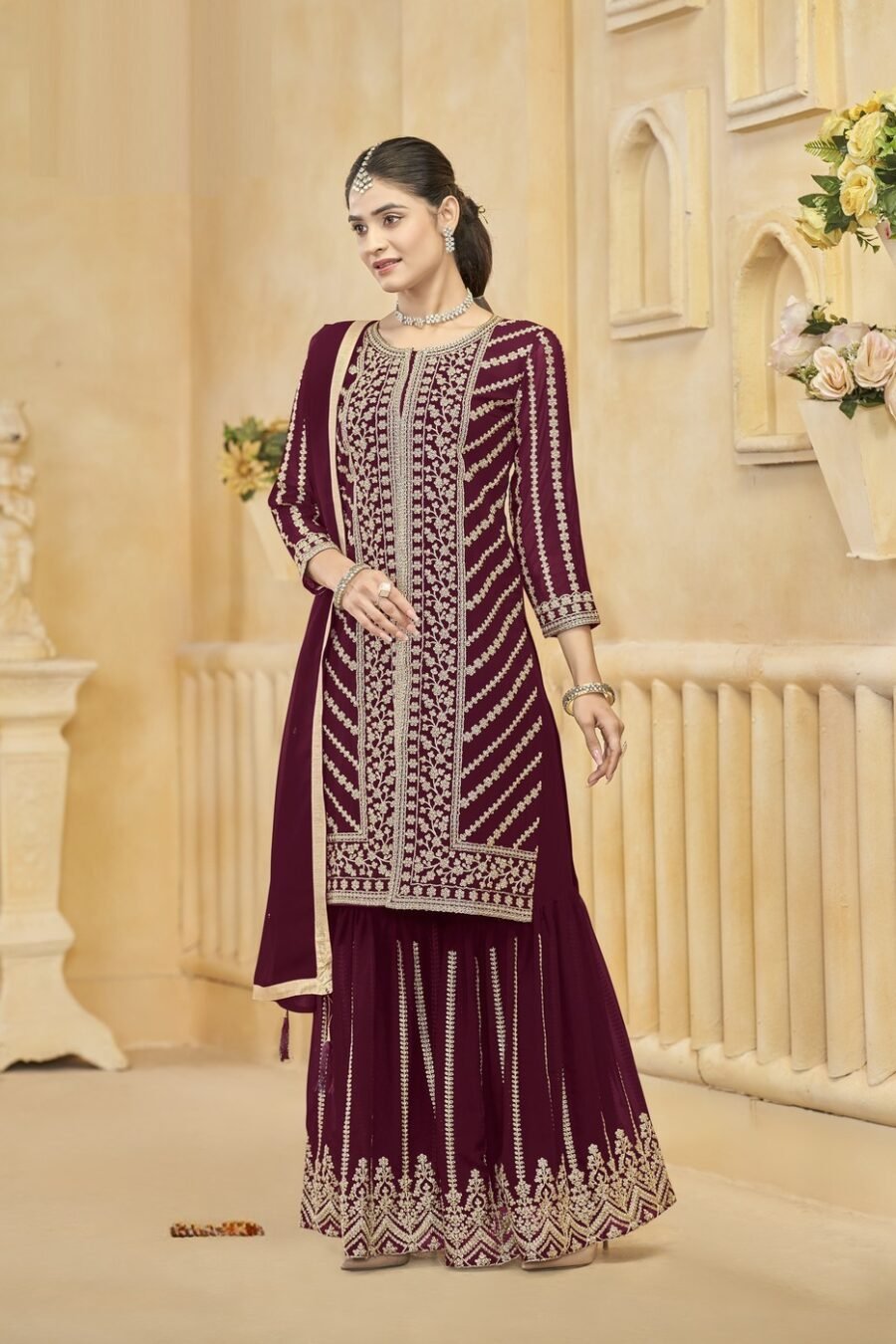Delightful Wine Georgette Gharara Salwar Kameez – 57274-219-D