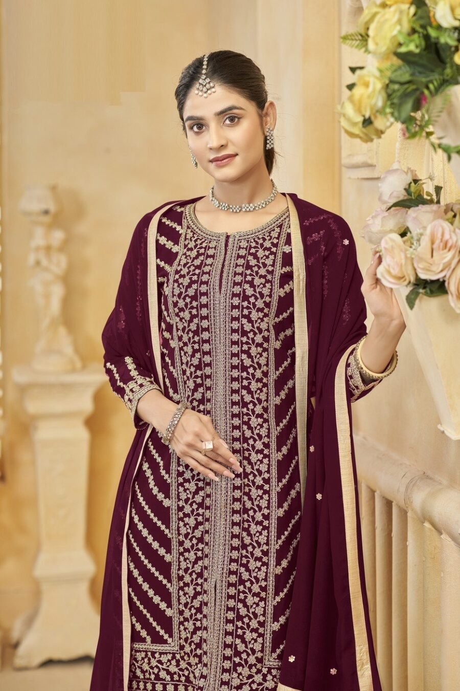Delightful Wine Georgette Gharara Salwar Kameez – 57274-219-D
