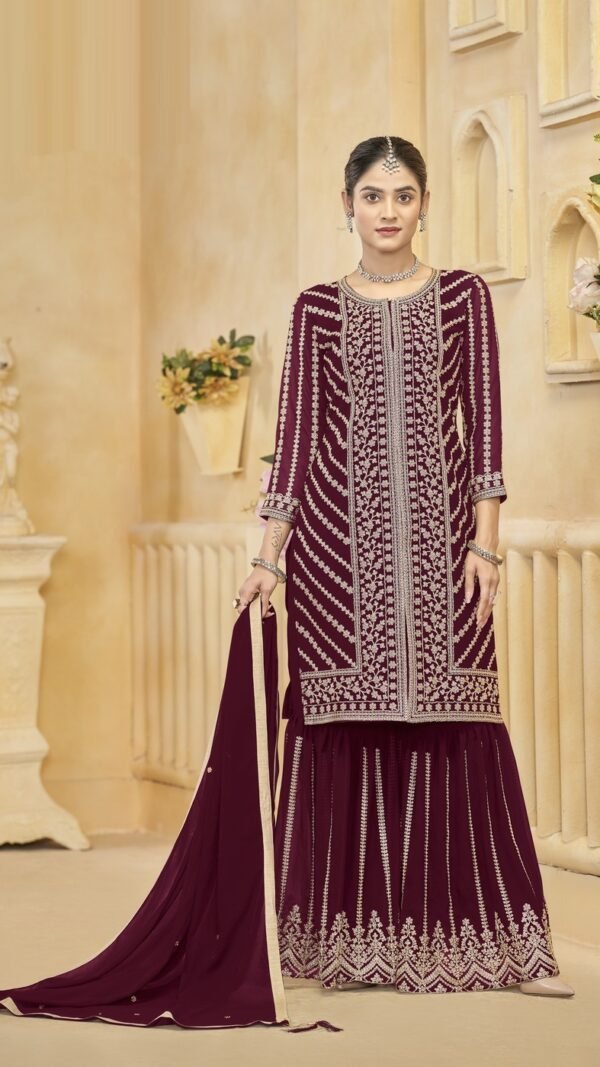 Delightful Wine Georgette Gharara Salwar Kameez – 57274-219-D