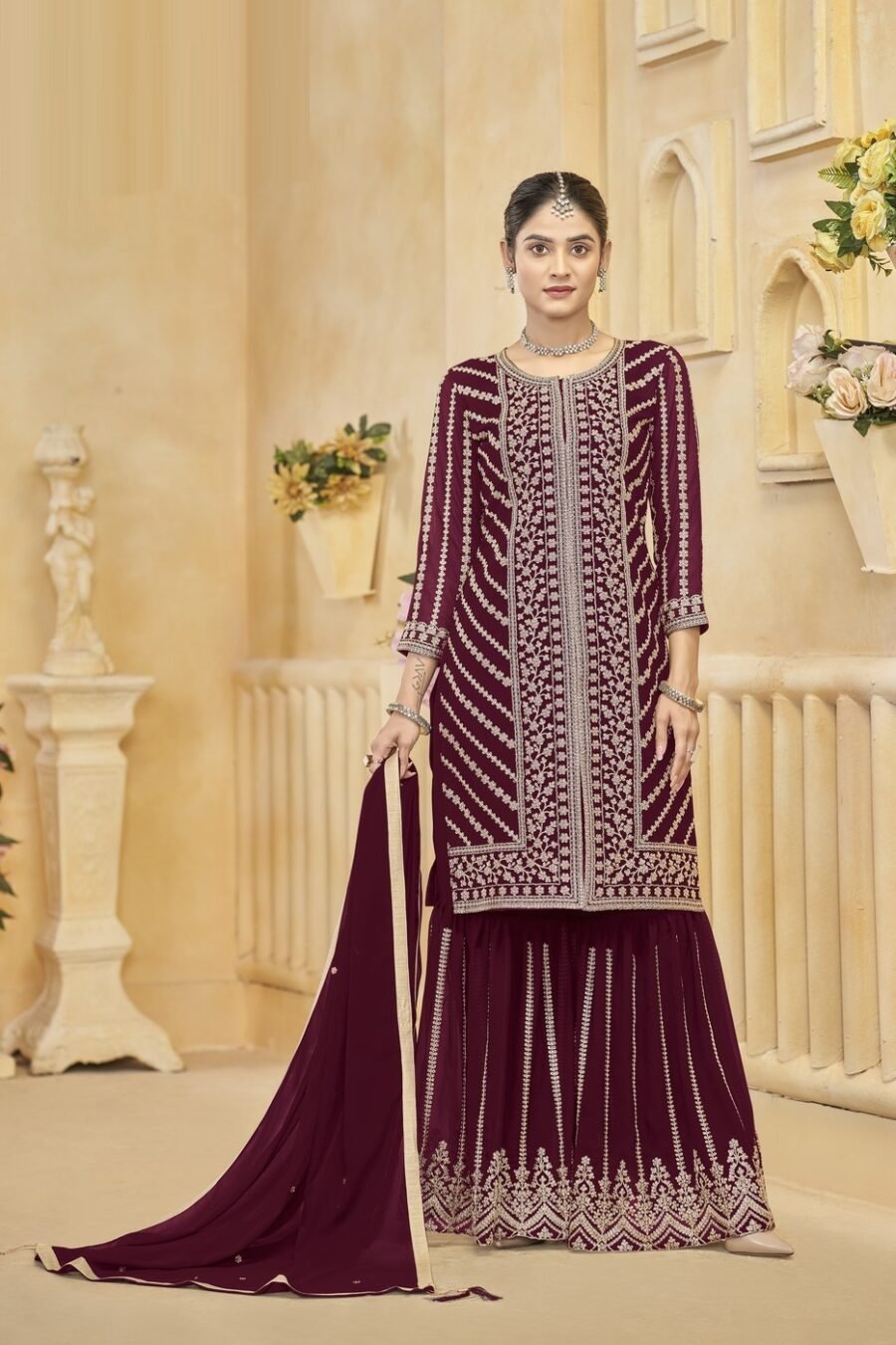 Delightful Wine Georgette Gharara Salwar Kameez – 57274-219-D
