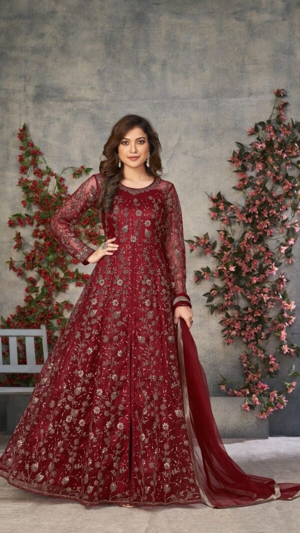 Delightful Maroon Net Anarkali Salwar Kameez – 57746-374