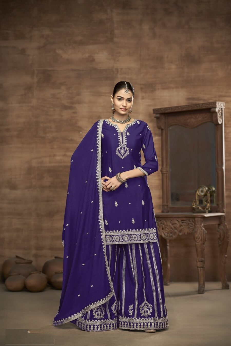 Fierce Violet Chinon Silk Palazzo Salwar Kameez – 58112-223-B
