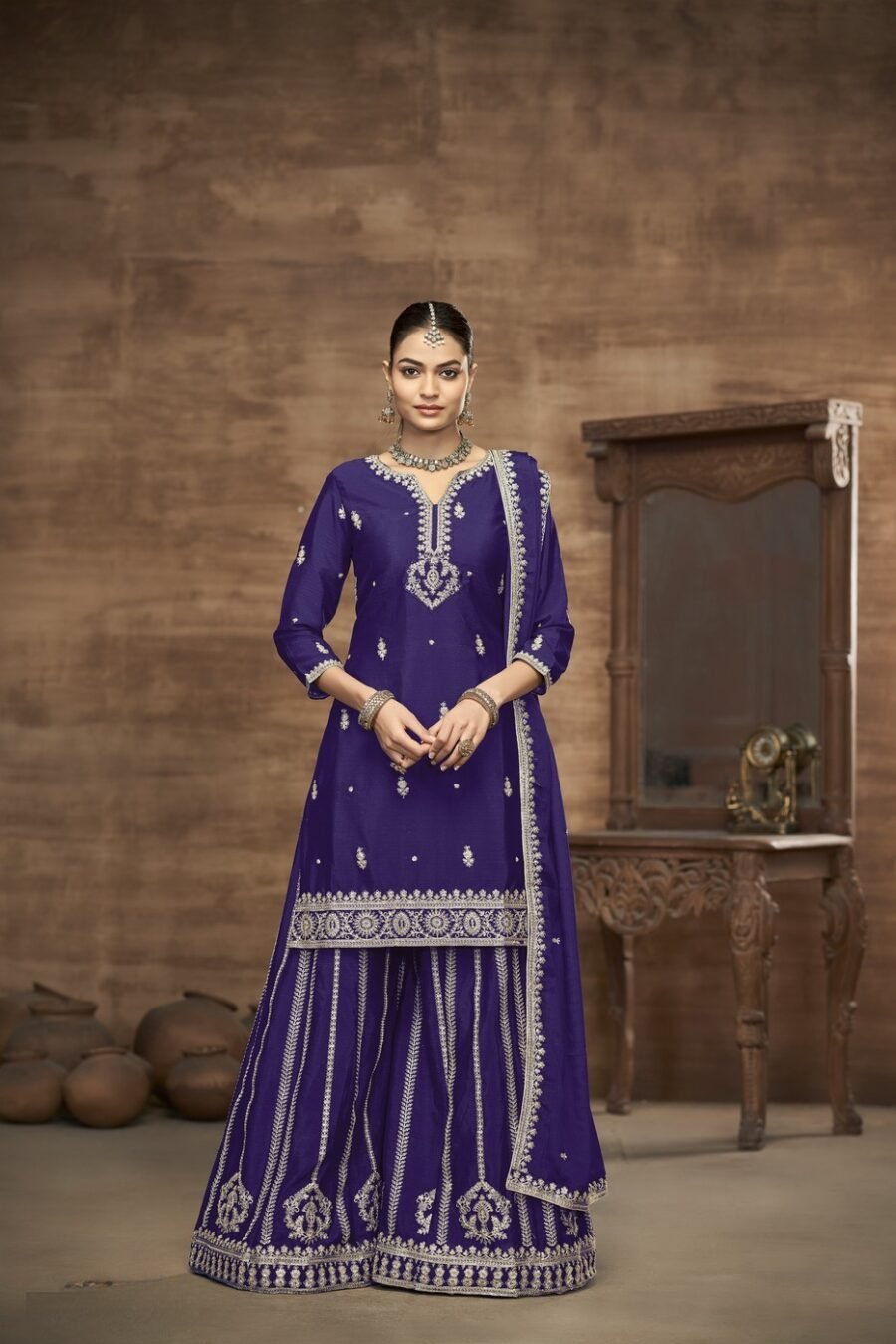 Fierce Violet Chinon Silk Palazzo Salwar Kameez – 58112-223-B