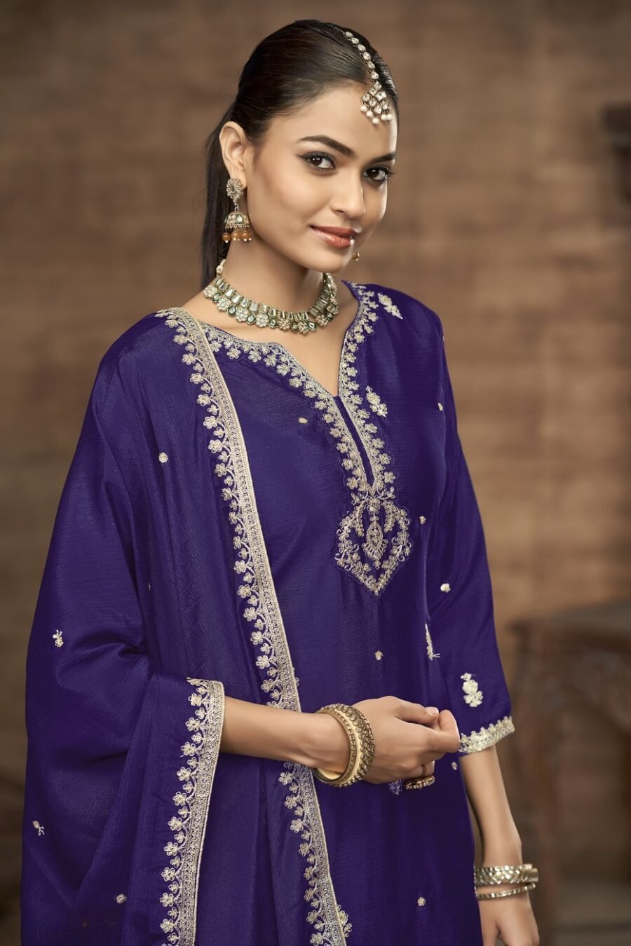 Fierce Violet Chinon Silk Palazzo Salwar Kameez – 58112-223-B