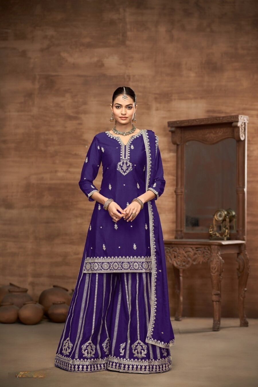 Fierce Violet Chinon Silk Palazzo Salwar Kameez – 58112-223-B