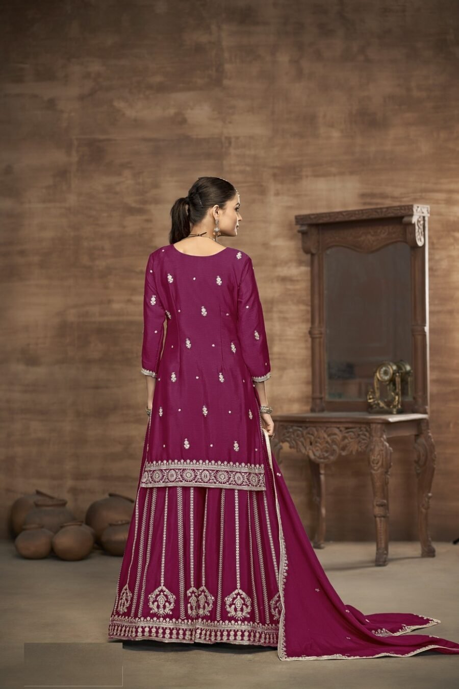 Alluring Wine Chinon Silk Palazzo Salwar Kameez – 58112-223-D