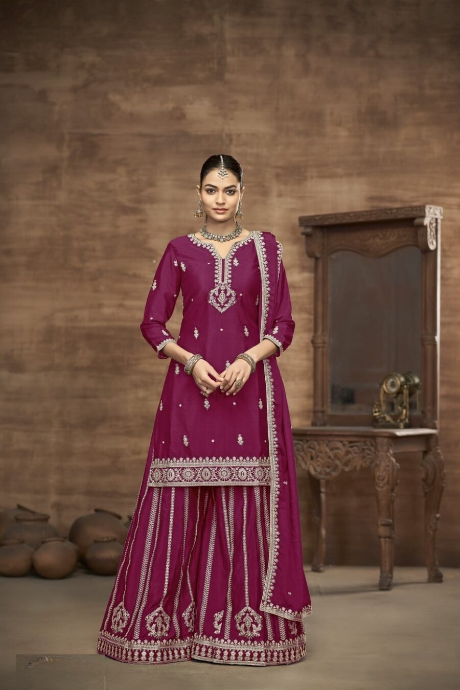 Alluring Wine Chinon Silk Palazzo Salwar Kameez – 58112-223-D