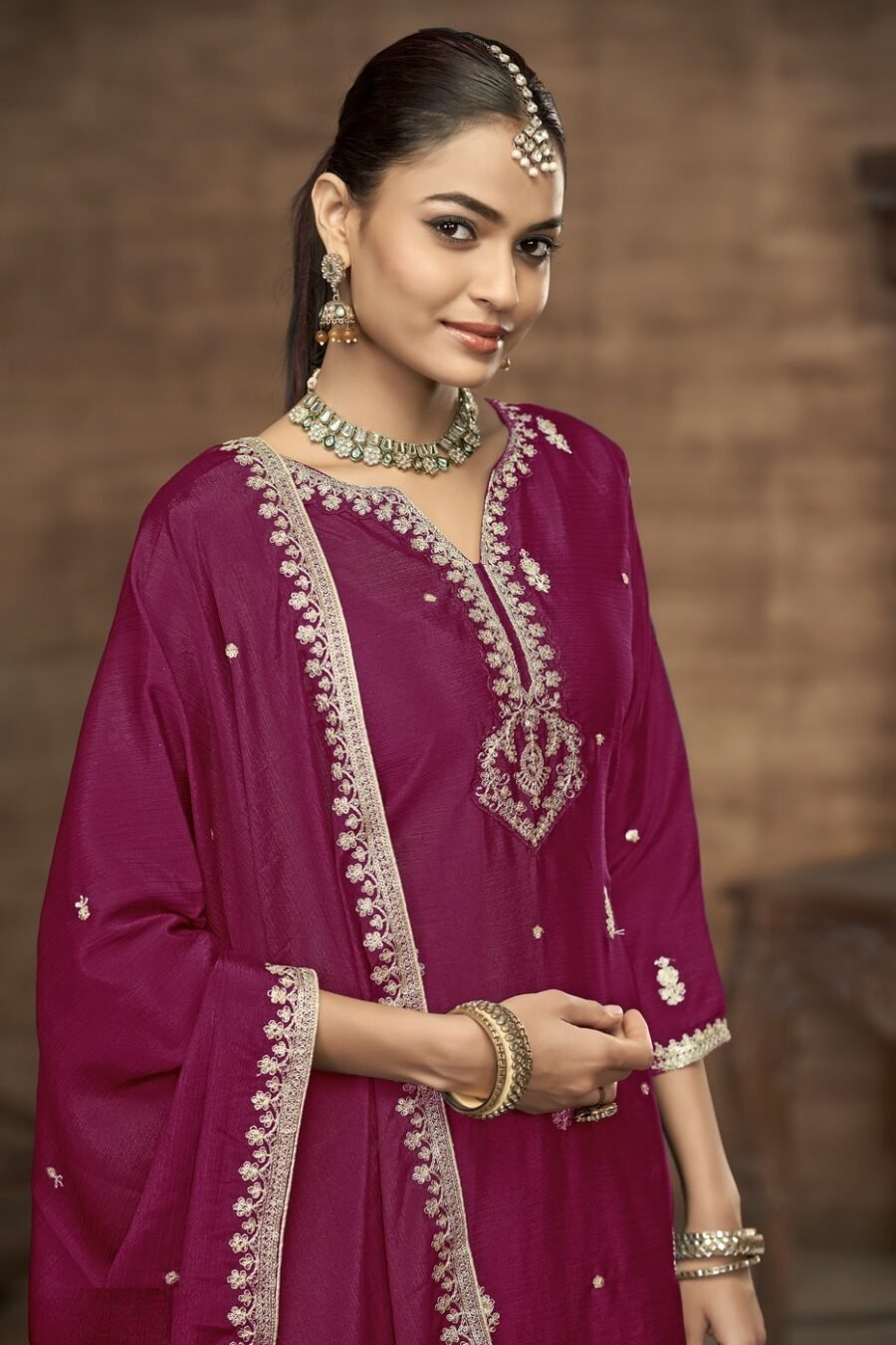 Alluring Wine Chinon Silk Palazzo Salwar Kameez – 58112-223-D