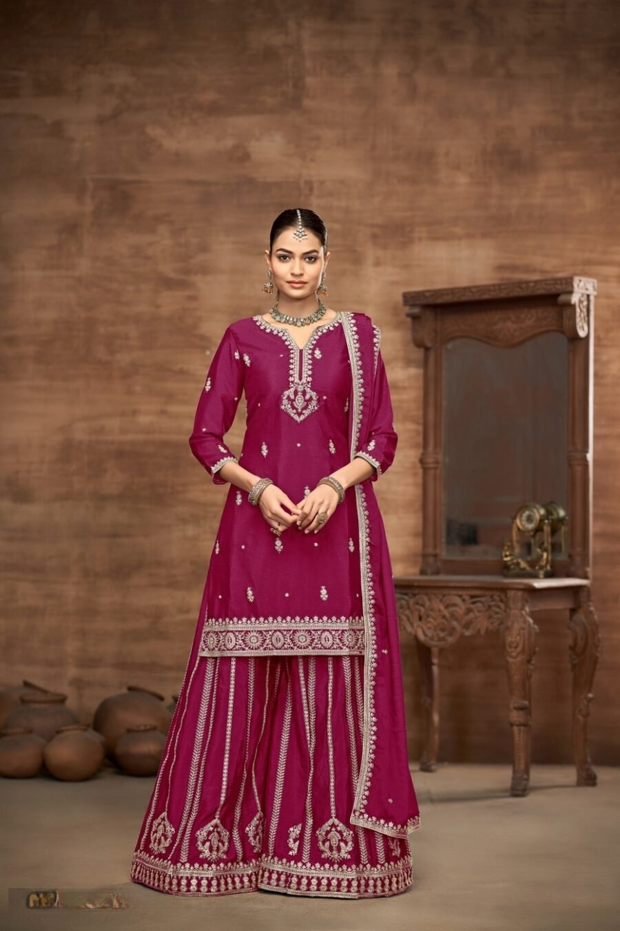 Alluring Wine Chinon Silk Palazzo Salwar Kameez – 58112-223-D